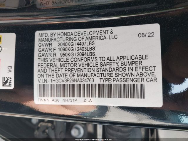 1HGCV3F26NA034763 Honda Accord Hybrid Sport