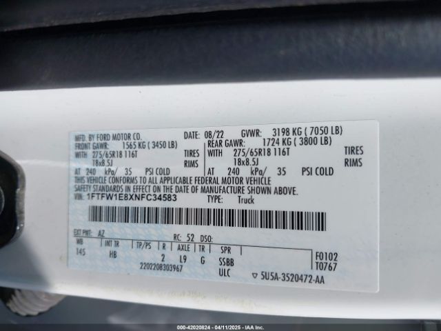 1FTFW1E8XNFC34583 Ford F-150 Lariat
