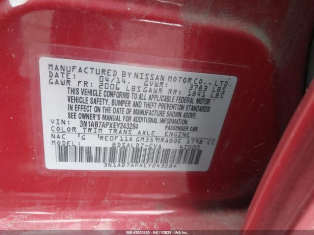 3N1AB7APXEY243284 Nissan Sentra Fe+ S/fe+ Sv/s/sl/sr/sv