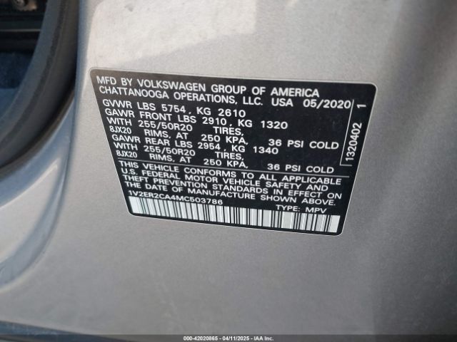 1V2ER2CA4MC503786 Volkswagen Atlas 3.6l V6 Sel