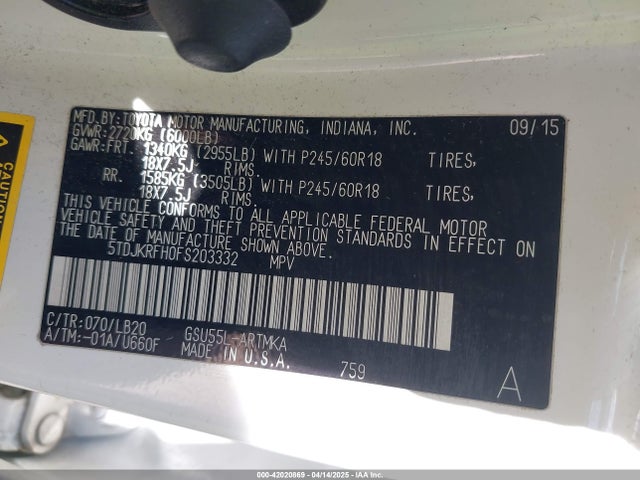 5TDJKRFH0FS203332 Toyota Highlander Xle V6