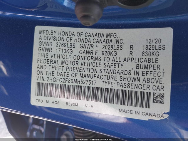 2HGFC2F80MH527517 Honda Civic Sport
