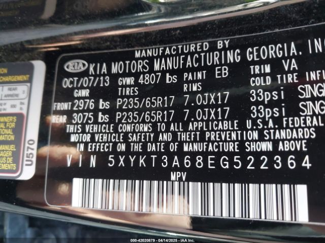 5XYKT3A68EG522364 KIA SORENTO LX