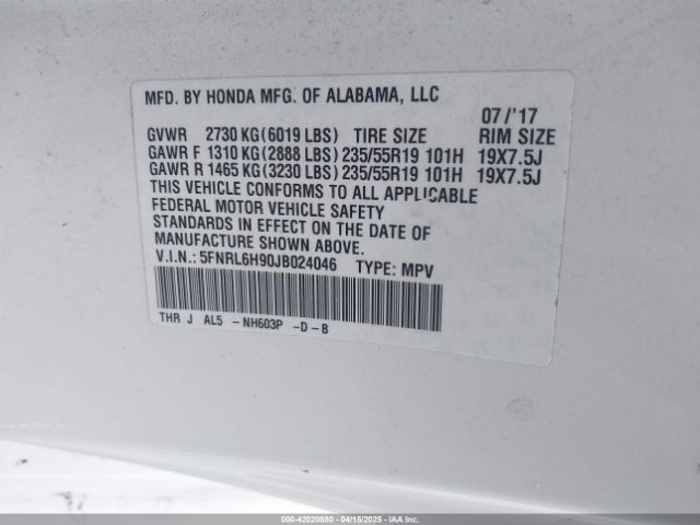 5FNRL6H90JB024046 Honda Odyssey Elite