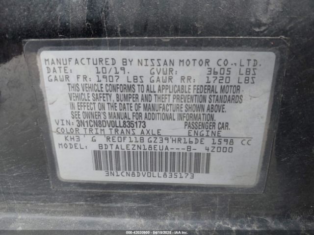 3N1CN8DV0LL835173 Nissan Versa S Xtronic Cvt