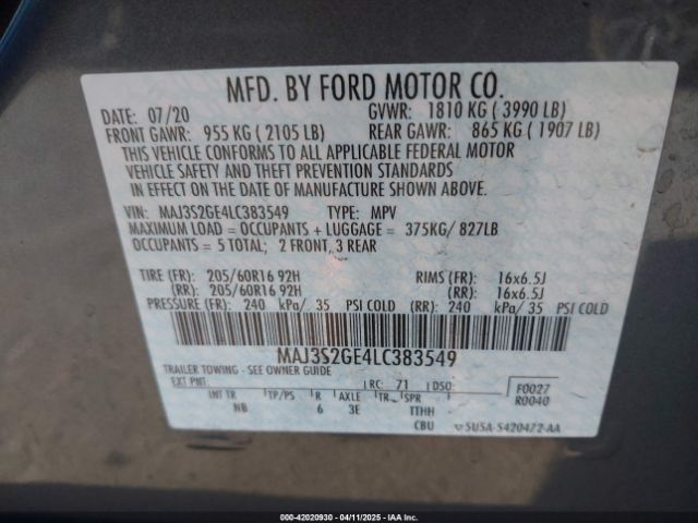 MAJ3S2GE4LC383549 Ford Ecosport Se