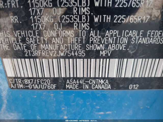 2T3RFREV2JW754495 Toyota Rav4 Xle