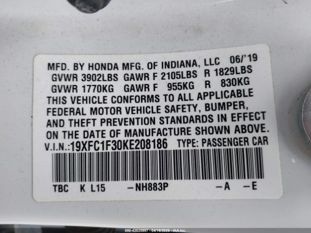 2019 HONDA CIVIC 19XFC1F30KE208186 Photo 8