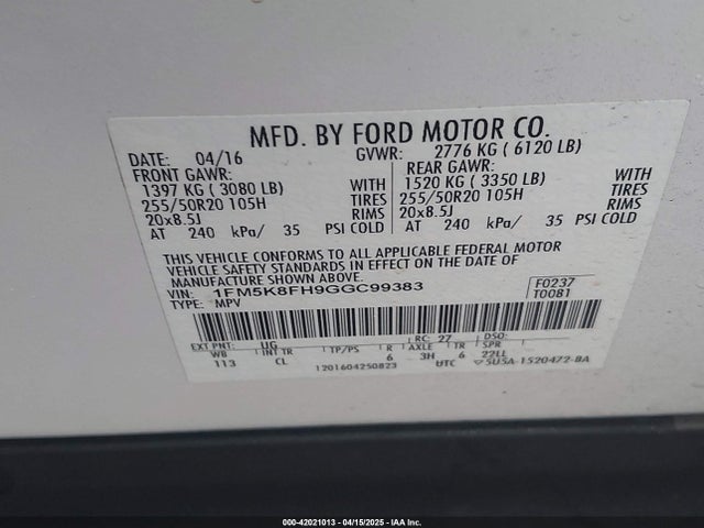 1FM5K8FH9GGC99383 Ford Explorer Limited