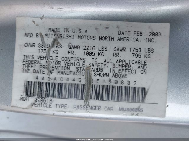 2003 MITSUBISHI ECLIPSE 4A3AC44G73E150833 Photo 8