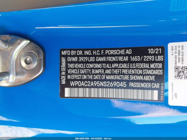 2022 PORSCHE 911 WP0AC2A95NS269045 Photo 8