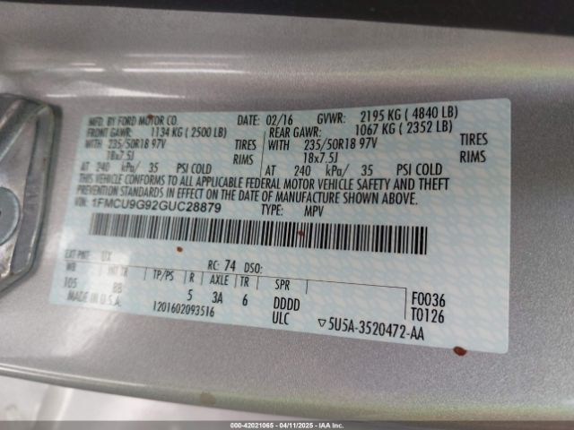 1FMCU9G92GUC28879 Ford ESCAPE SE