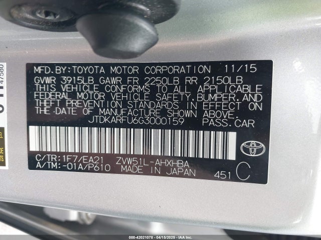 JTDKARFU6G3000159 Toyota 2zr-fxe,1nm