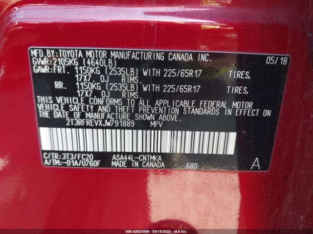2T3RFREVXJW791889 Toyota Rav4 Xle