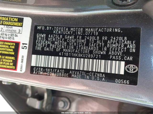 4T1B11HK8KU289721 Toyota CAMRY LE