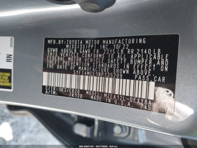 5YFT4MCE1NP135209 Toyota Corolla Xse
