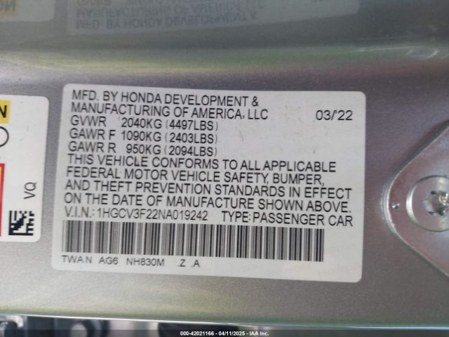 1HGCV3F22NA019242 Honda Accord Hybrid Sport