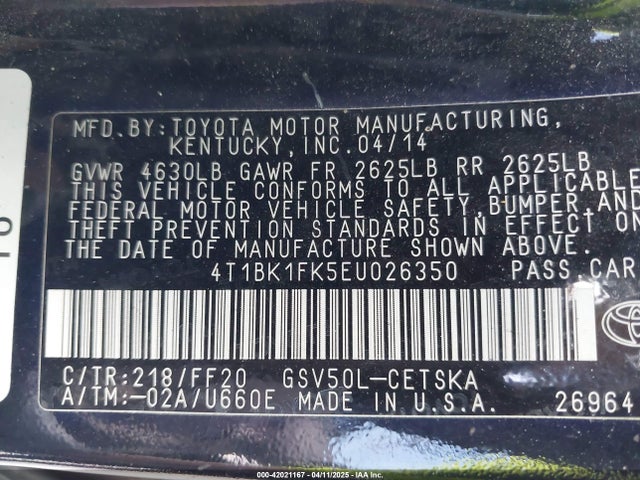 4T1BK1FK5EU026350 Toyota Camry Se V6