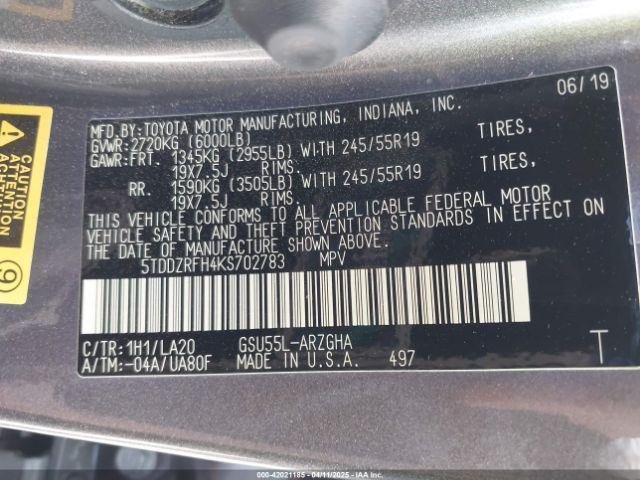 5TDDZRFH4KS702783 Toyota Highlander Limited
