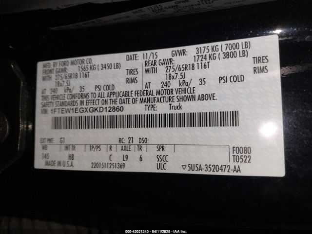 1FTEW1EGXGKD12860 Ford F-150 Lariat