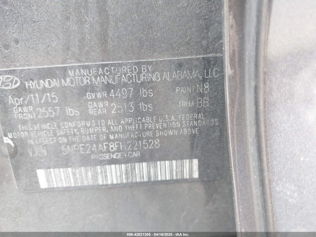 5NPE24AF8FH221528 Hyundai SONATA SE