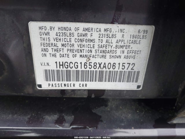 Aukcja sprzedaży 1999 Honda Accord Ex V6, vin: 1HGCG1658XA061572, numer aukcji: 42021339