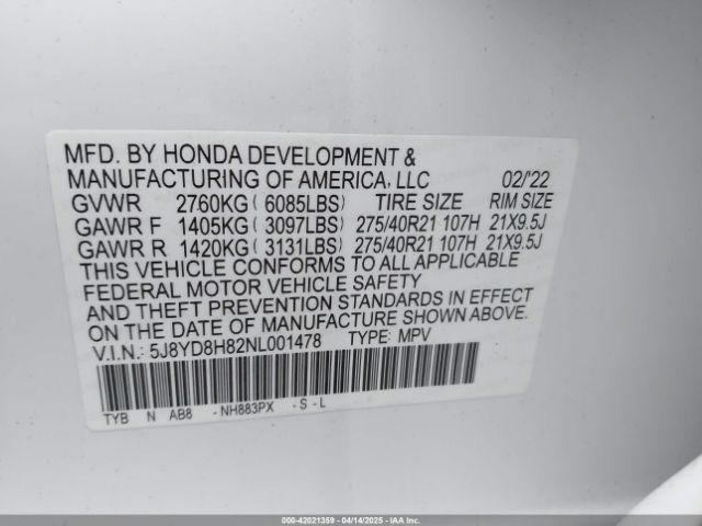 5J8YD8H82NL001478 Acura Mdx Type S W/advance Package