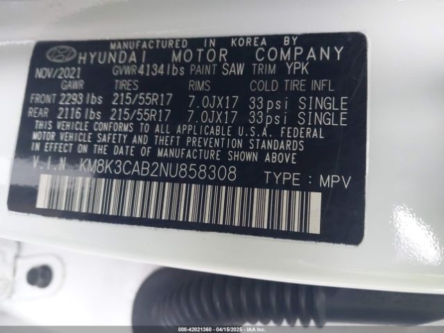 KM8K3CAB2NU858308 Hyundai Kona Sel