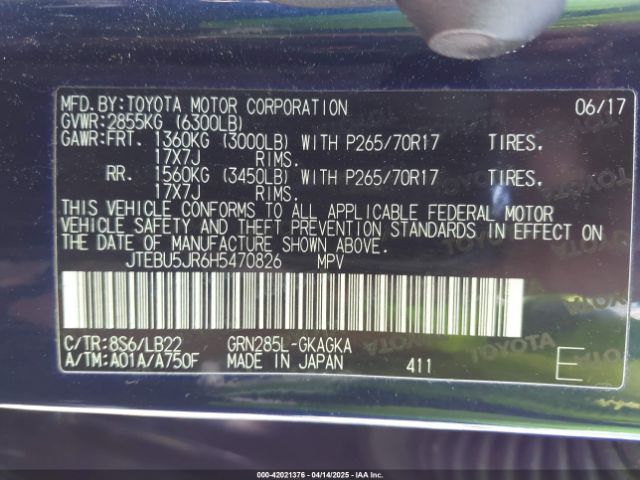 JTEBU5JR6H5470826 Toyota 4runner Sr5 Premium