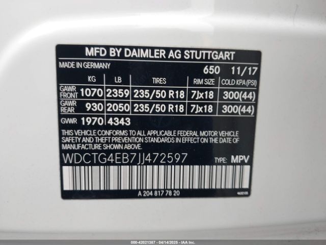 WDCTG4EB7JJ472597 Mercedes-Benz GLA 250