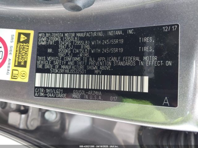 5TDKZRFH8JS532501 Toyota Highlander Se