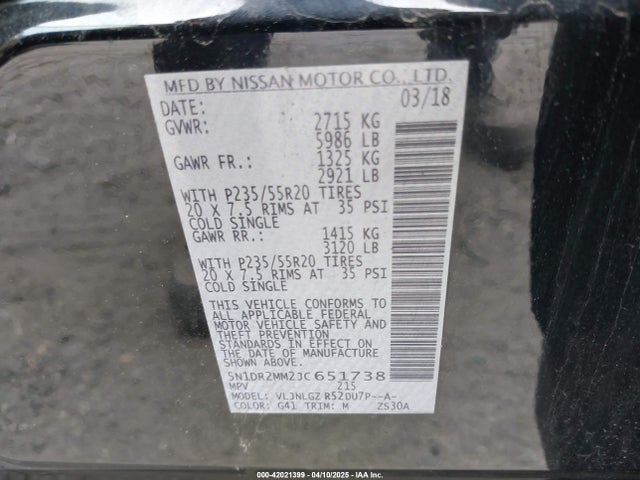 5N1DR2MM2JC651738 Nissan Pathfinder Sl