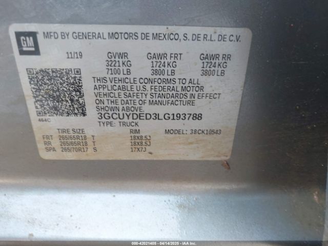 3GCUYDED3LG193788 Chevrolet Silverado 1500 4wd  Short Bed Lt