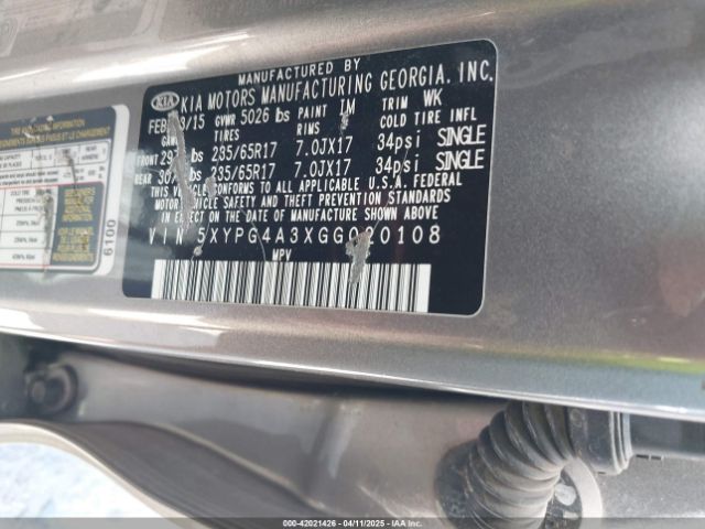 5XYPG4A3XGG020108 KIA Sorento 2.4l Lx