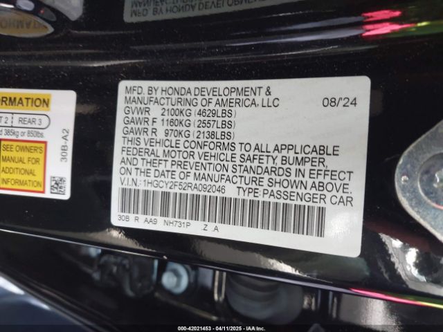 1HGCY2F52RA092046 Honda Accord Hybrid Sport