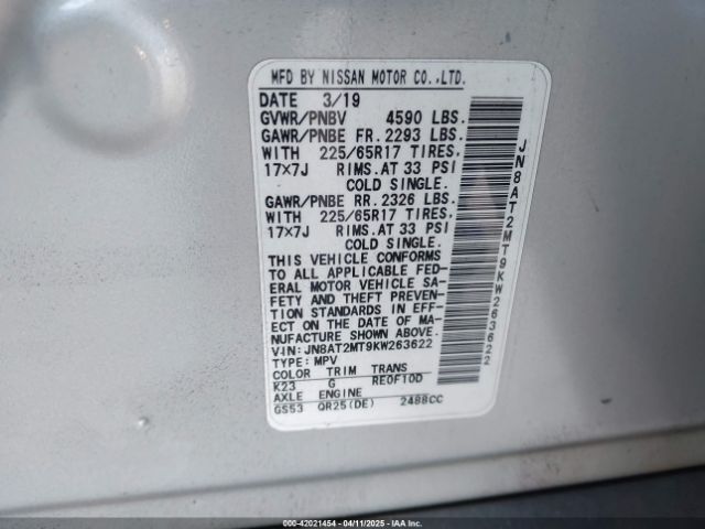 JN8AT2MT9KW263622 Nissan ROGUE SV