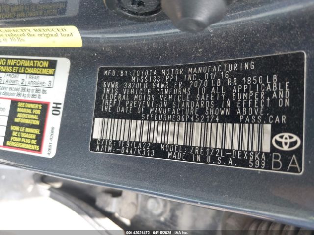 5YFBURHE9GP452174 Toyota Corolla S Premium