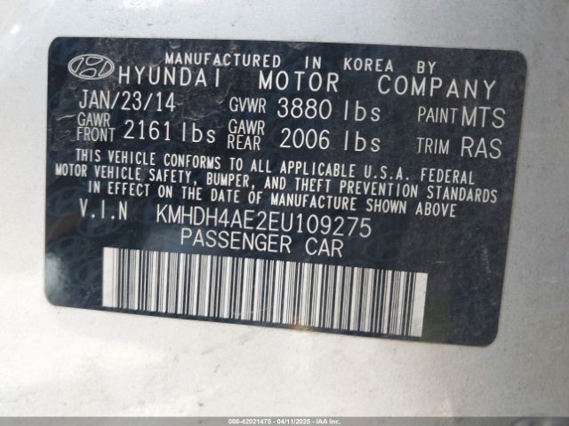 KMHDH4AE2EU109275 Hyundai ELANTRA SE