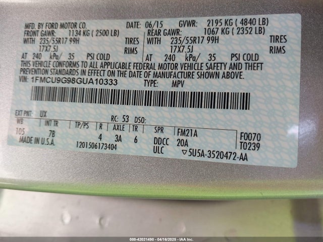 1FMCU9G98GUA10333 Ford ESCAPE SE