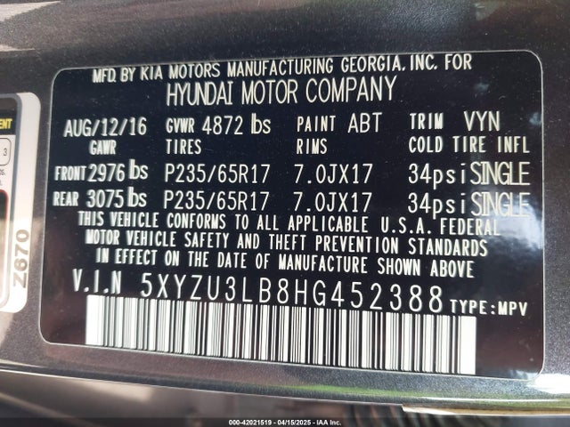 5XYZU3LB8HG452388 Hyundai Santa Fe Sport 2.4l