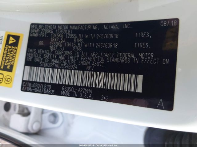 5TDKZRFH0JS549924 Toyota Highlander Xle