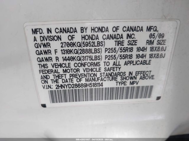 2009 ACURA MDX 2HNYD28689H518114 Photo 8