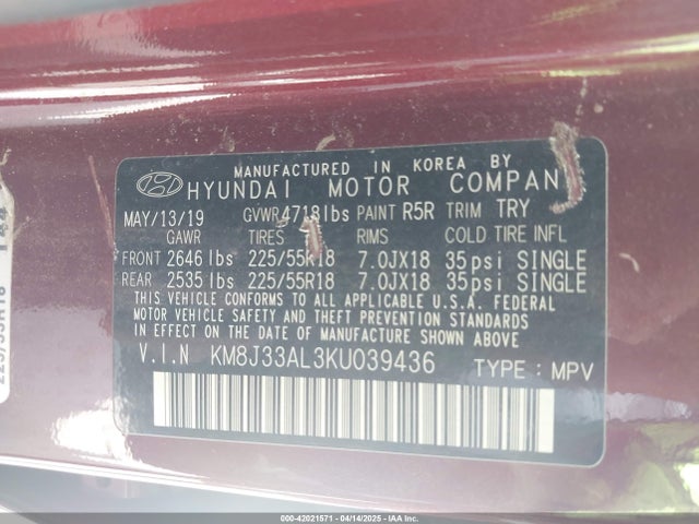 KM8J33AL3KU039436 Hyundai TUCSON SEL