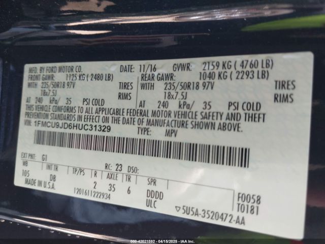 1FMCU9JD6HUC31329 Ford Escape Titanium