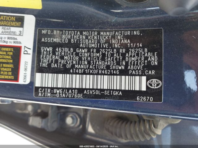 4T4BF1FK0FR462146 Toyota CAMRY XLE