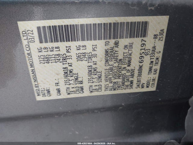 5N1BT3BB8NC695197 Nissan Rogue Sv Intelligent Awd