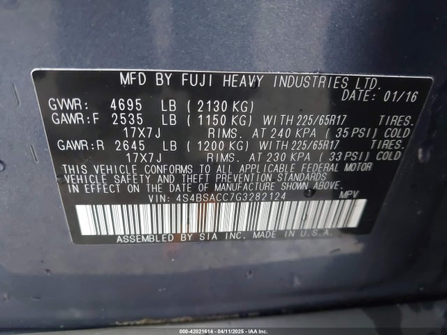 4S4BSACC7G3282124 Subaru Outback 2.5i Premium