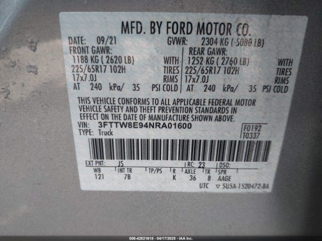 3FTTW8E94NRA01600 Ford Maverick Xlt