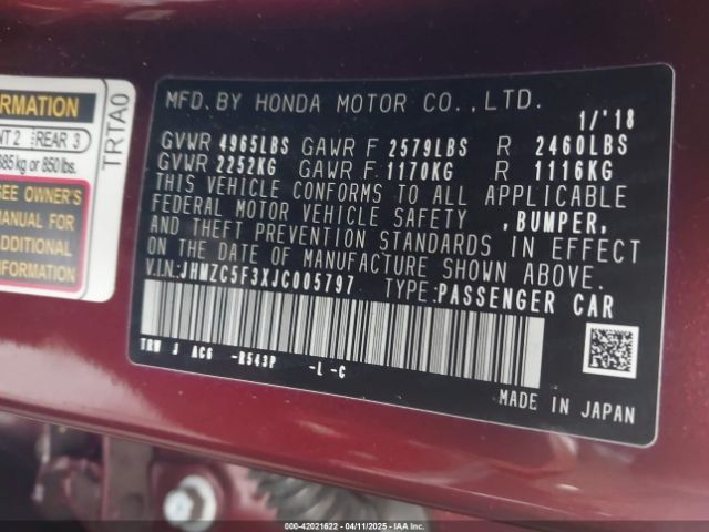 JHMZC5F3XJC005797 Honda Clarity Plug-in Hybrid Touring