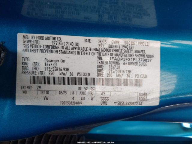 1FADP3F21FL379837 Ford FOCUS SE